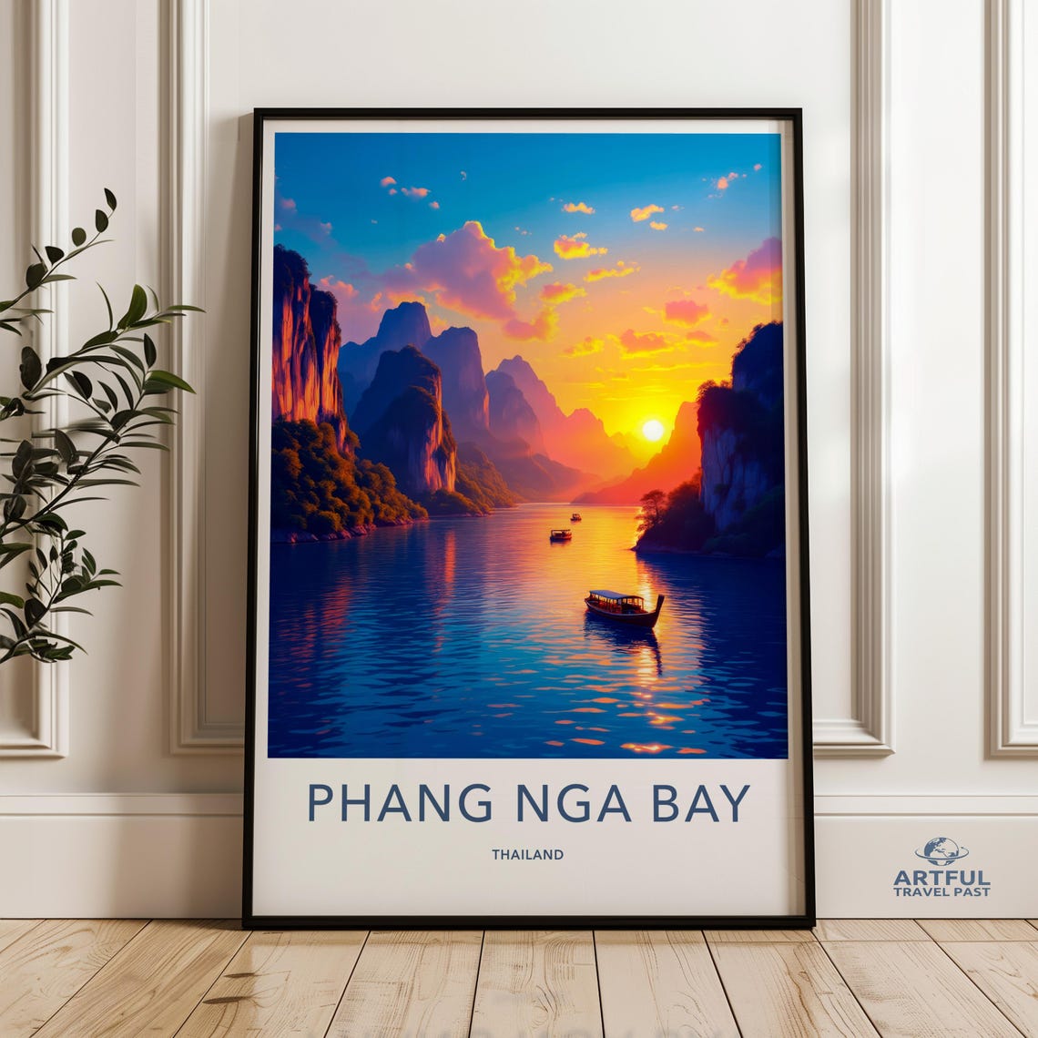 Phang Nga Bay Thailand Limestone Karsts Sunset Vintage Travel Poster