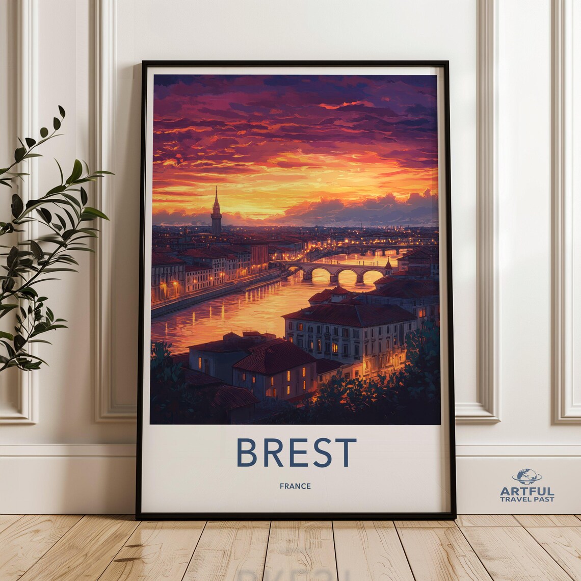 Brest France Sunset River Cityscape Bridges Vintage Travel Poster