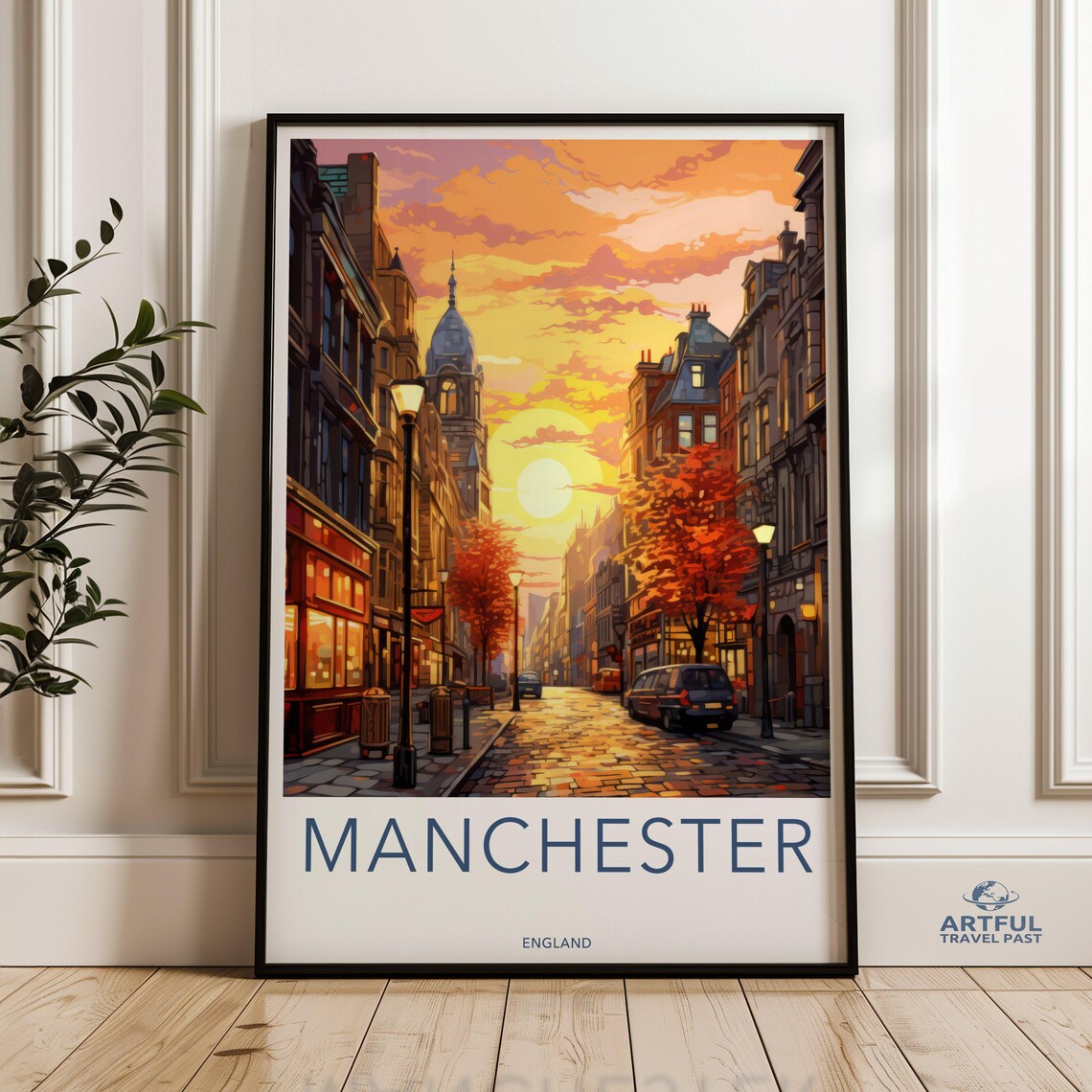 Manchester England Sunset Street Cityscape Vintage Travel Poster
