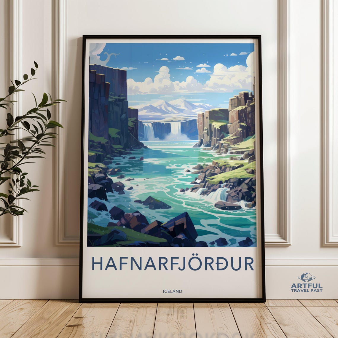 Hafnarfjordur Iceland Waterfall River Canyon Scenic Travel Poster