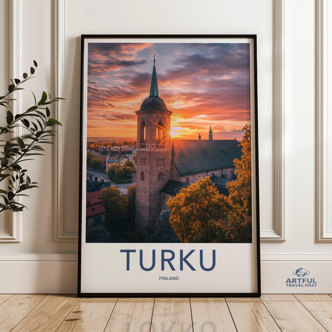 Turku Cathedral Sunset Bell Tower River Golden Hour Travel Poster