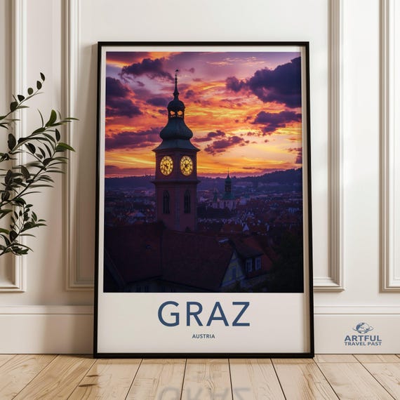 Graz Austria Wall Art Print Sunset Cityscape Poster European Travel Decor Beautiful Scenic View Tropical