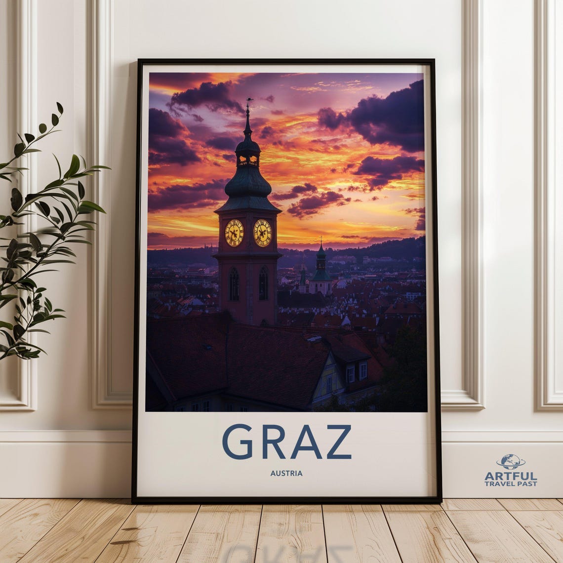 Graz Austria Sunset Travel Poster Clock Tower Purple Sky Old Town Art