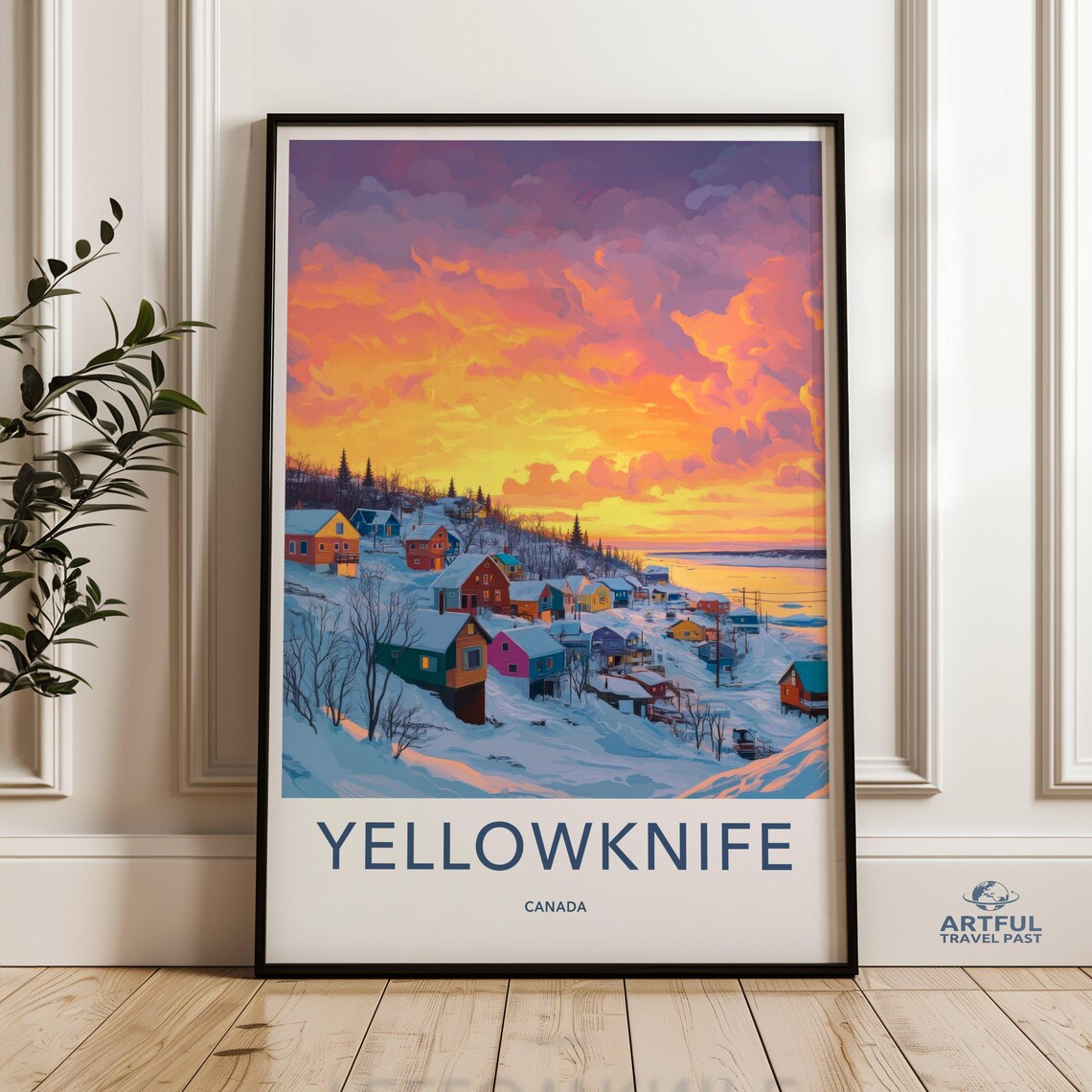 Yellowknife Canada Snowy Town Fiery Sunset Winter Travel Poster