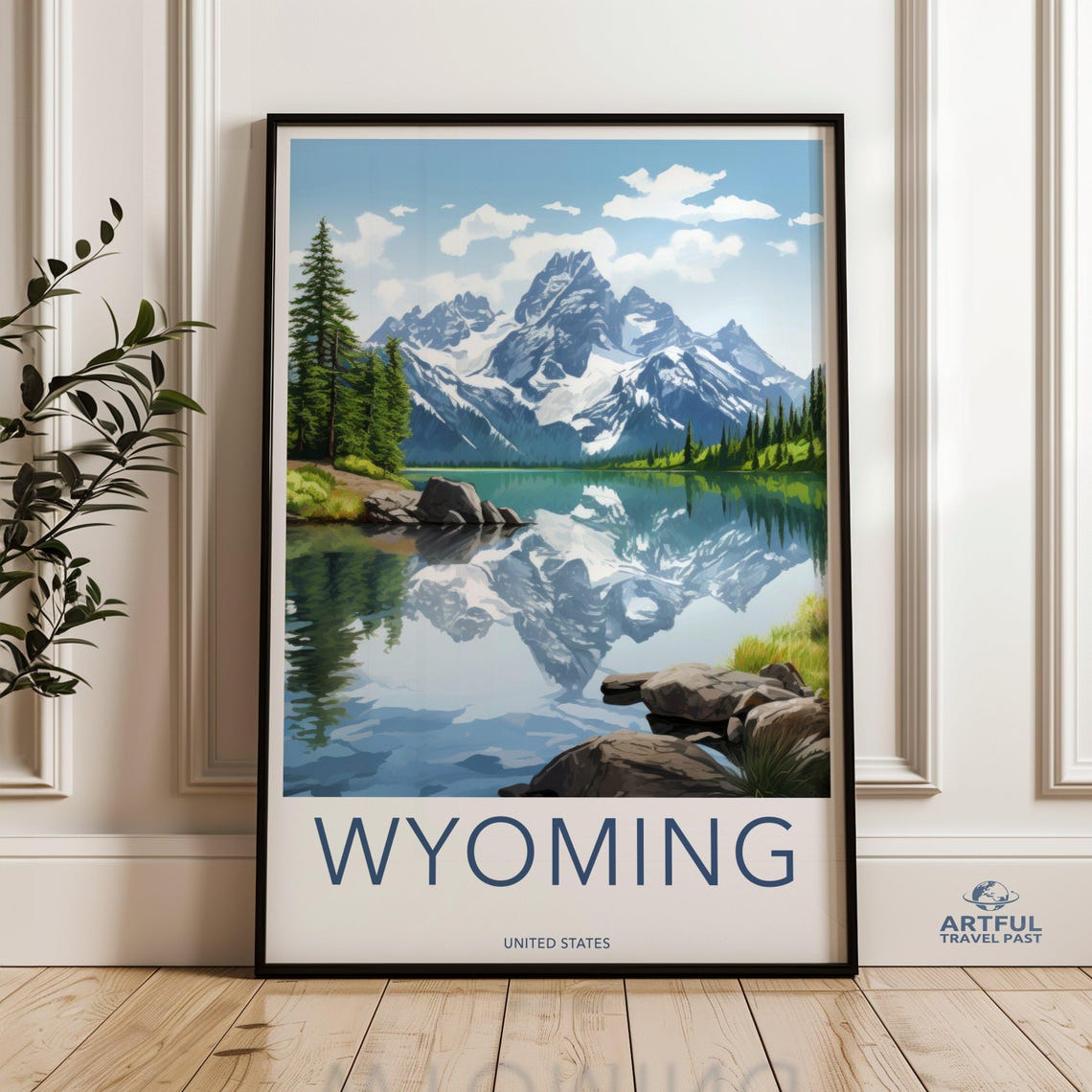 Wyoming Travel Poster Mountain Lake Reflection Peaks Scenic Decor