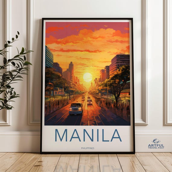 Manila Sunset Cityscape Wall Art Philippines Travel Poster Vintage Urban Decor Southeast Asian City Print Vibrant Scene