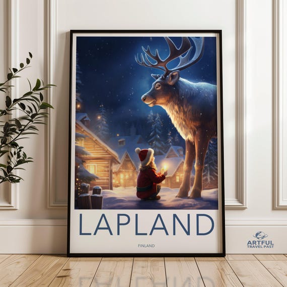 Lapland Christmas Wall Art Snowy Night Artwork Reindeer And Santa Claus Print Winter Wonderland Illustration Holiday Home Decor