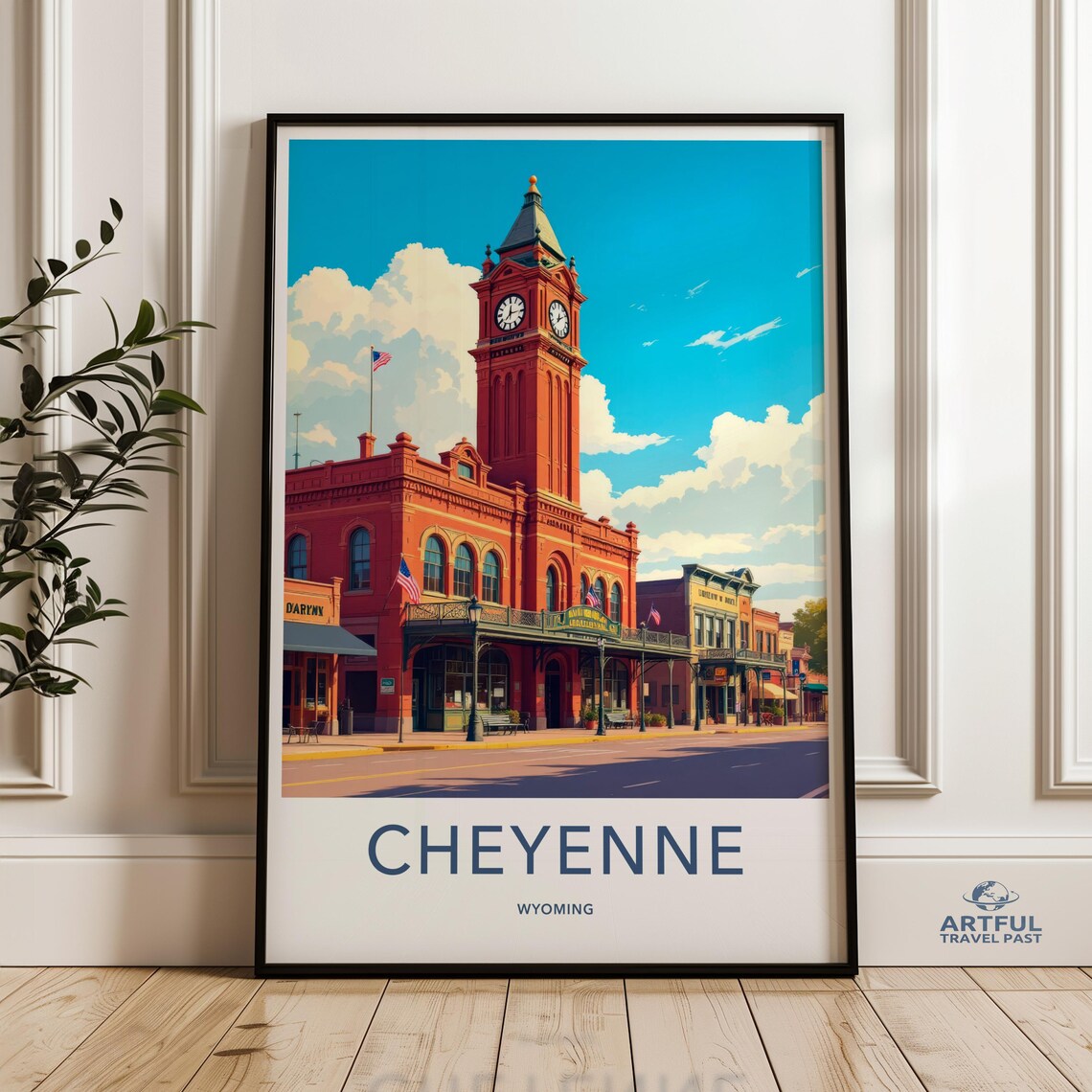 Cheyenne Wyoming Vintage Travel Poster Red Brick Clock Tower Art