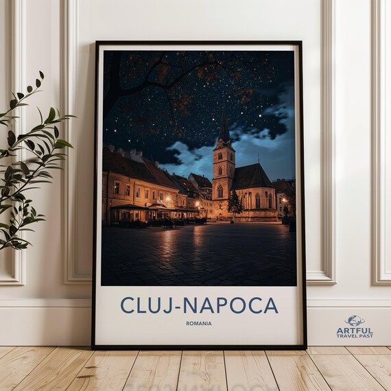 Clujnapoca Romania Nightscape Print Wall Art European Cityscape Decor Starry Night Church Artwork Travel Photography Poster