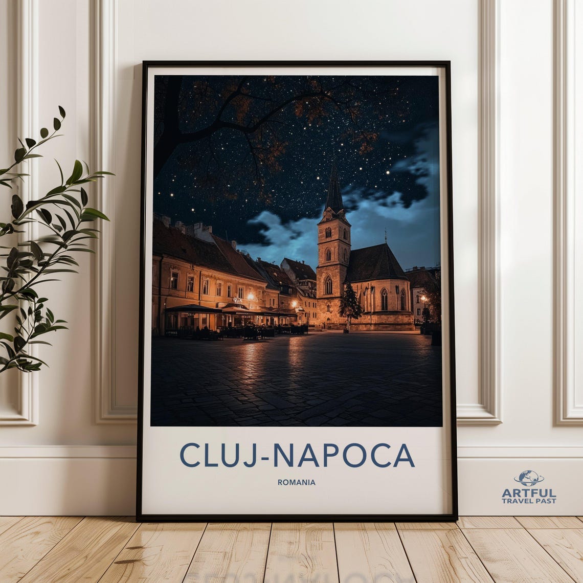 Cluj-Napoca Romania Night Travel Poster Starry Old Town Church Decor