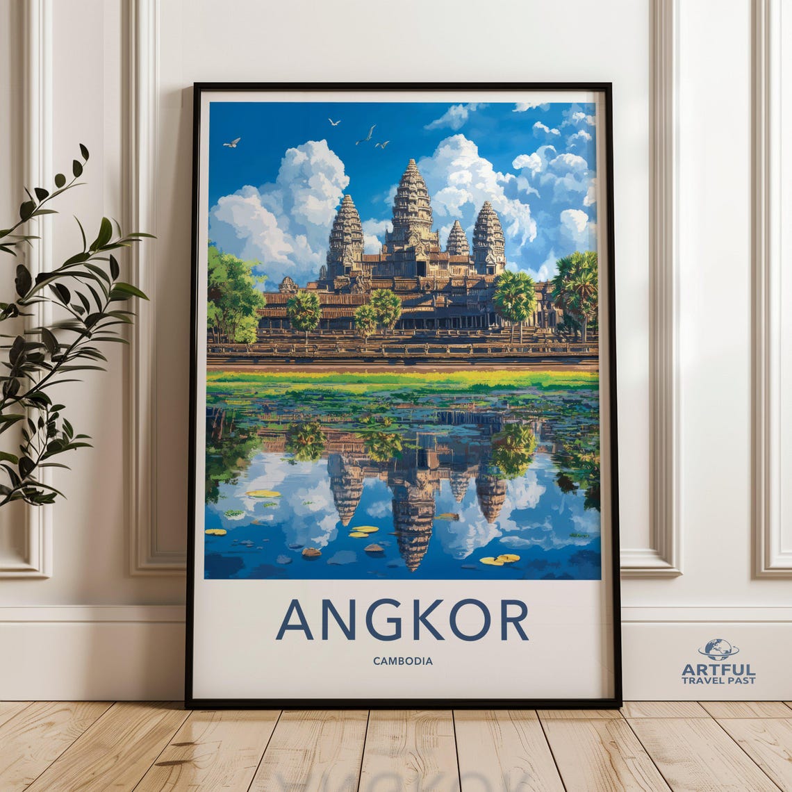 Angkor Wat Cambodia Temple with Reflection Retro Travel Poster