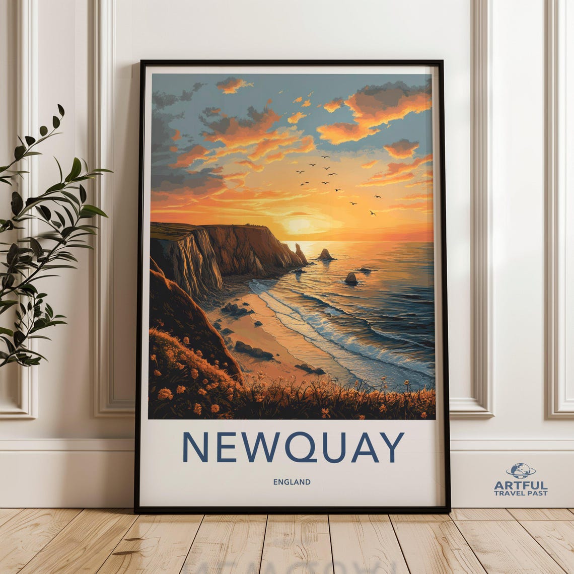 Newquay England Sunset Cliffs Beach Ocean Vintage Travel Style Poster