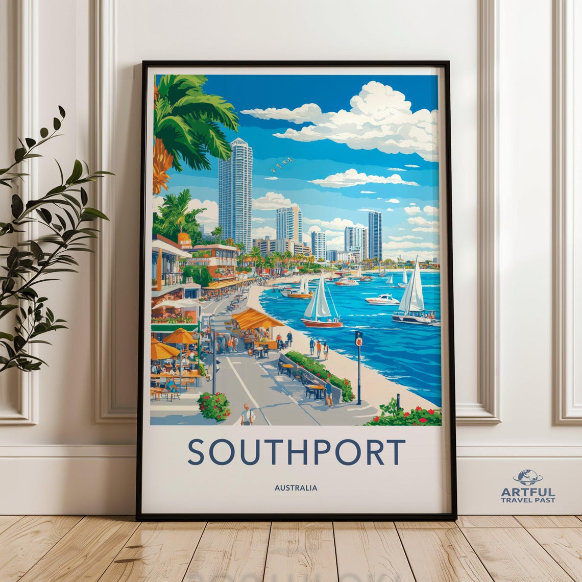 SOUTHPORT AUSTRALIA Marina Boardwalk Sailboats Vintage Coastal Poster