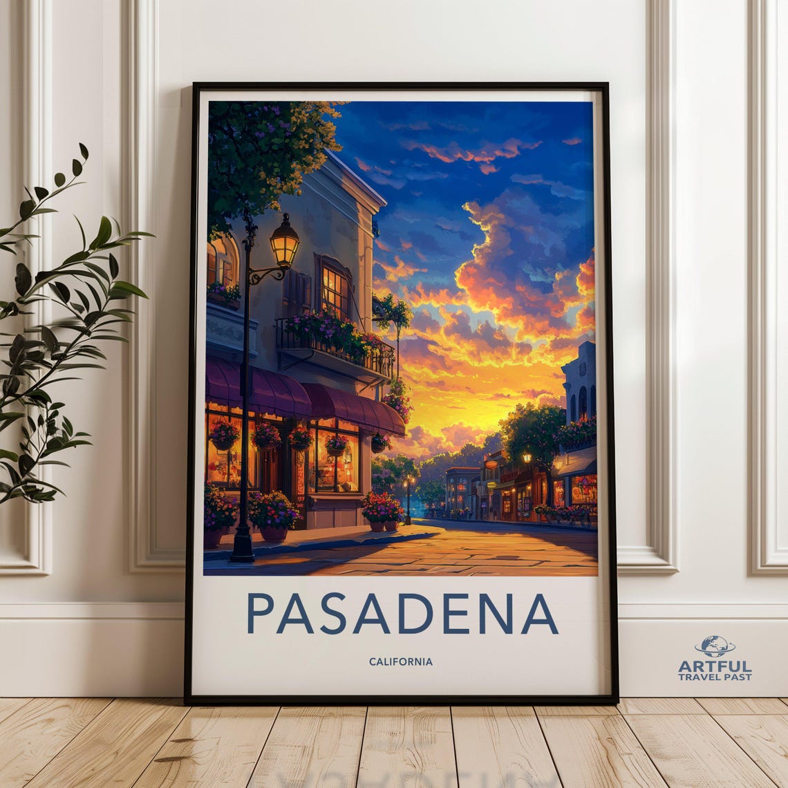 Pasadena California Sunset Street Scene Romantic Travel Poster