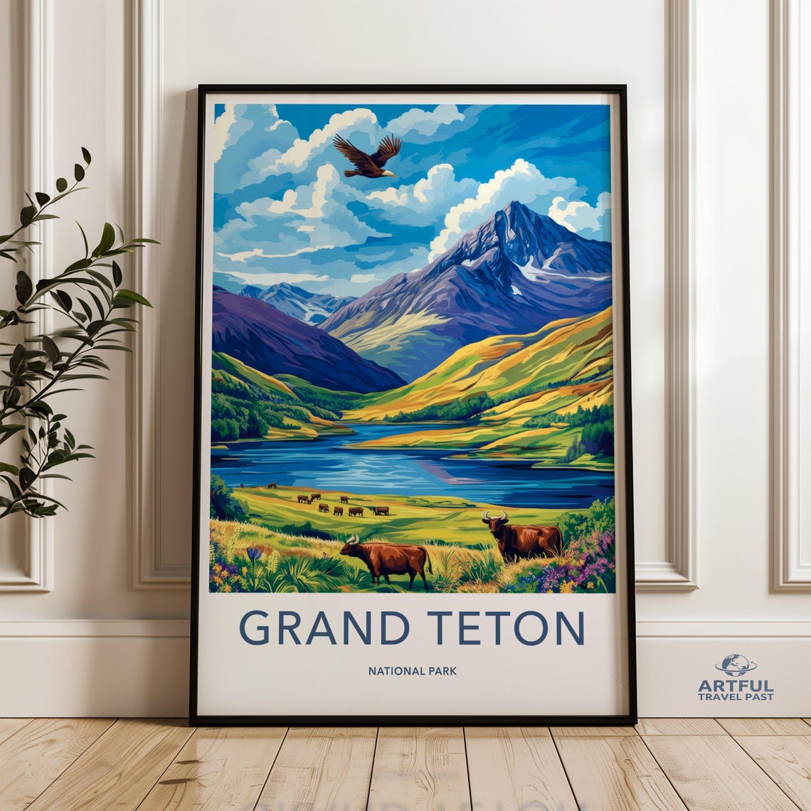 Grand Teton National Park Vintage Travel Poster Eagle and Bison