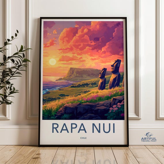 Rapa Nui Chile Easter Island Moai Sunset Landscape Travel Poster