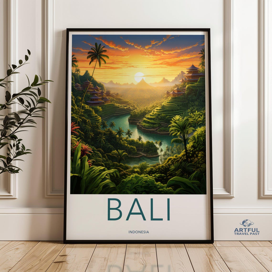 Bali Indonesia Rice Terraces Sunset Palm Vintage Travel Poster