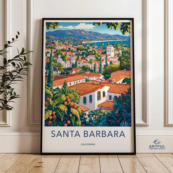 Santa Barbara California Spanish Architecture Hills Vintage Travel Poster