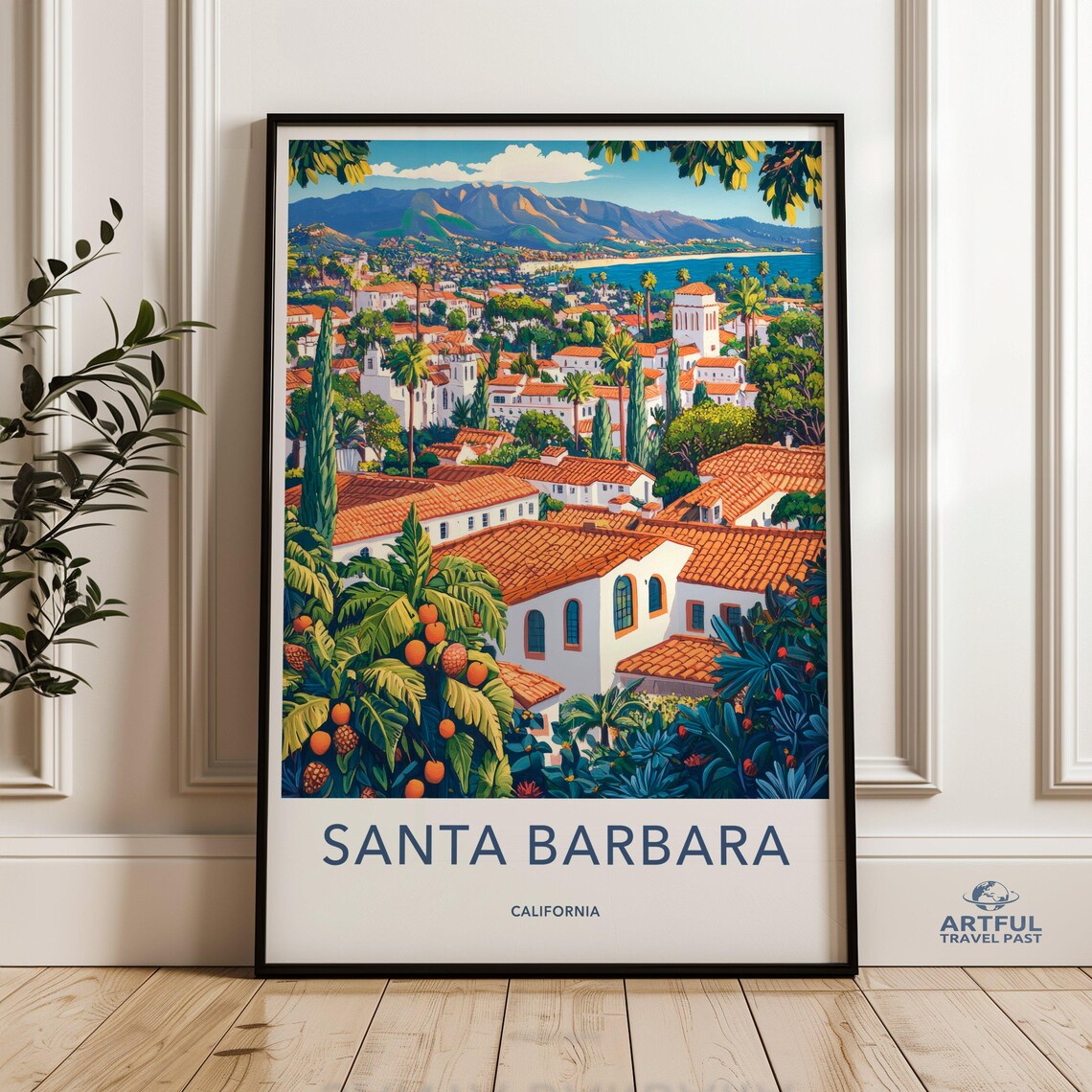 Santa Barbara California Spanish Architecture Hills Vintage Travel Poster