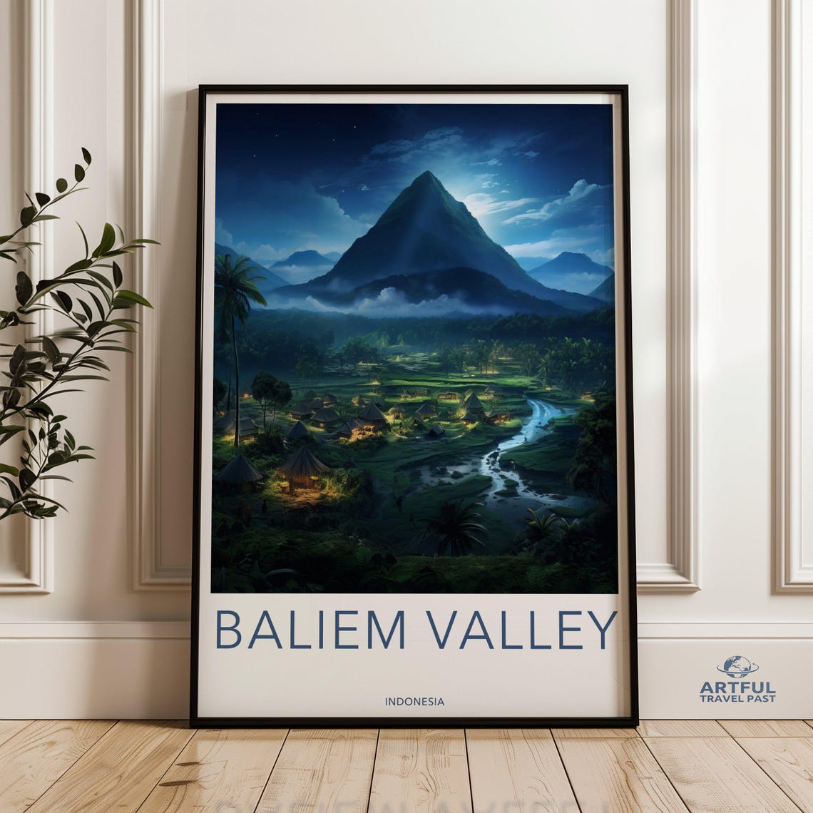 Balim Valley Wall Art Scenic Artwork Landscape Poster Night Sky Print Mountain View Decor Indonesia Illustration