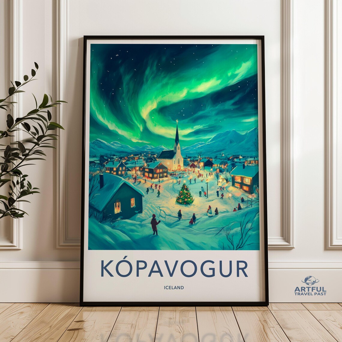 Kopavogur Iceland Northern Lights Christmas Village Winter Poster