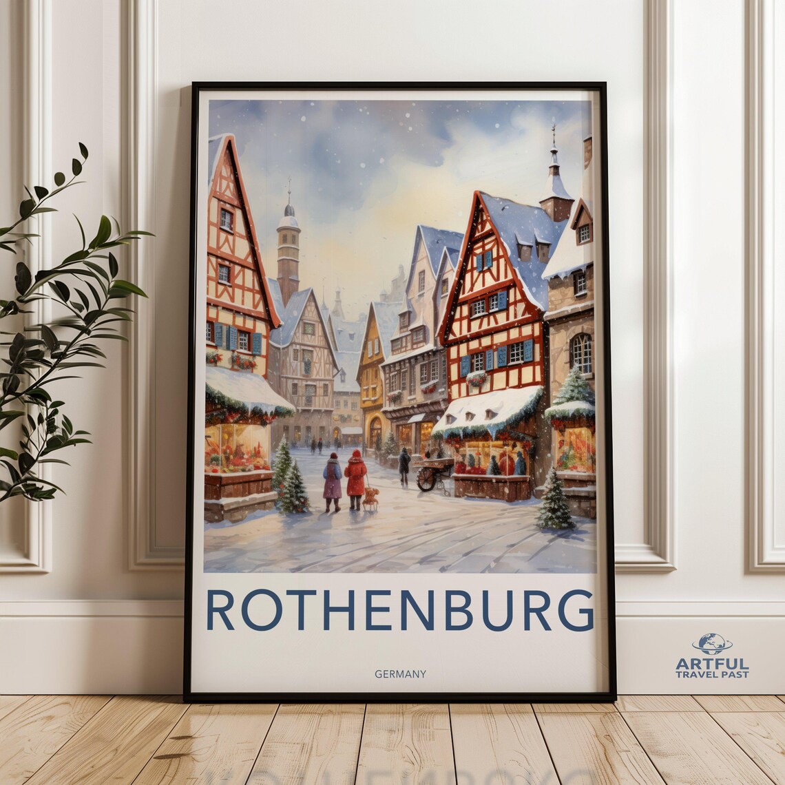 Rothenburg Wall Art German Village Print Vintage European Town Scene Winter Snow Street Historical Architecture Holiday Decor