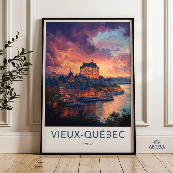 Vieux Wall Art Canada Travel Poster Sunset Landscape Print Historic Cityscape Artwork City Decor Colorful