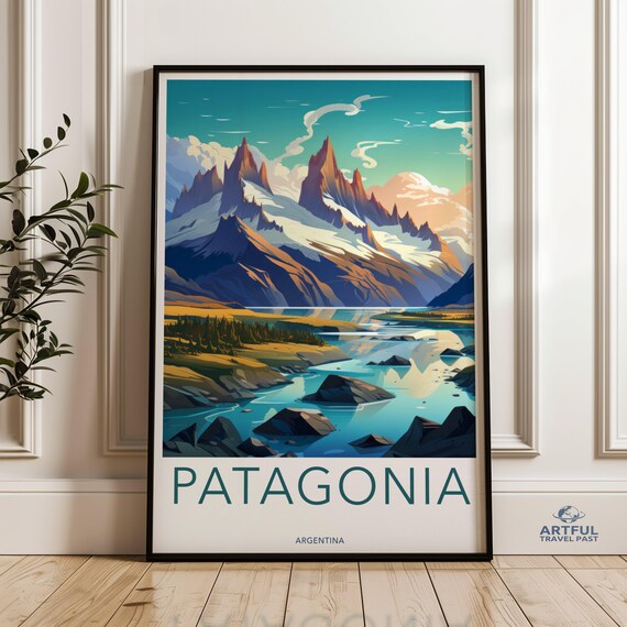 Patagonia Argentina Jagged Granite Peaks Glacial Lake Travel Poster