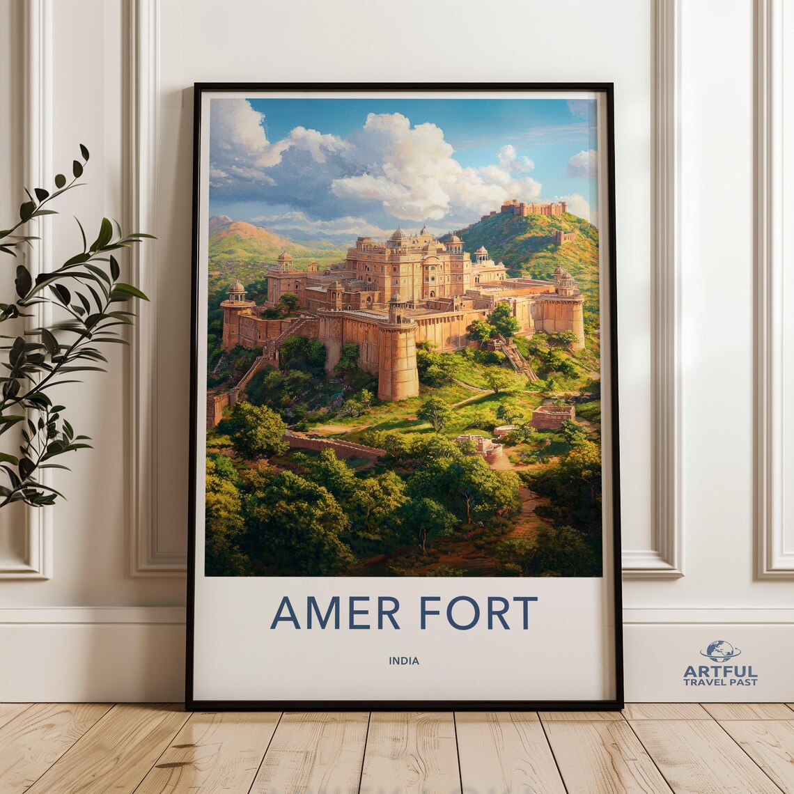 Amer Fort India Retro Hilltop Palace Rajasthan Travel Poster Art