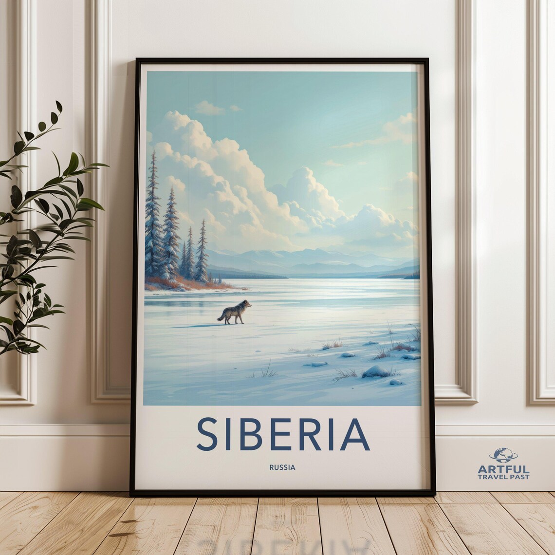 Siberia Russia Frozen Lake Lone Wolf Snowy Pines Vintage Travel Poster