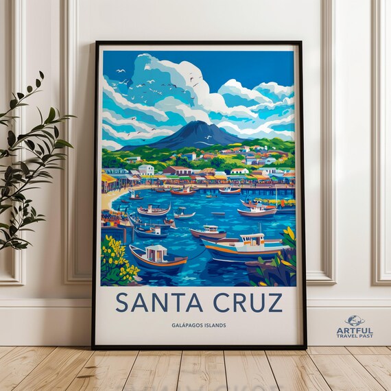 Santa Cruz Galapagos Islands Harbor Sailboats Vintage Travel Poster