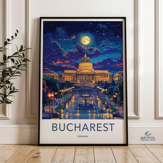 Bucharest Cityscape Wall Art Print Romania Night Scene Artwork Illuminated Building Poster Moonlit Urban Decor