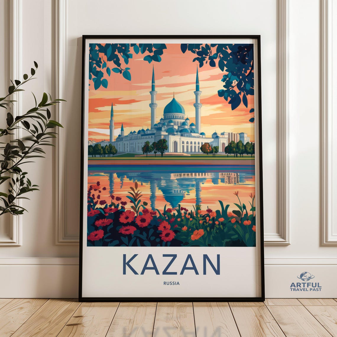 Kazan Russia Travel Poster Mosque Sunset Reflection Riverside Scene