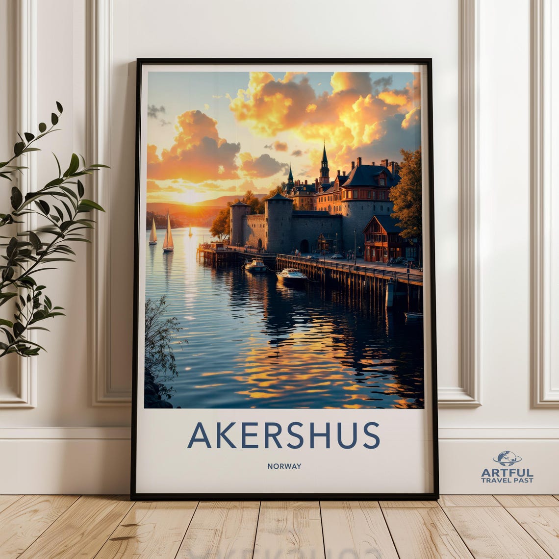 Akershus Norway Castle Harbor Sunset Vintage Retro Travel Poster