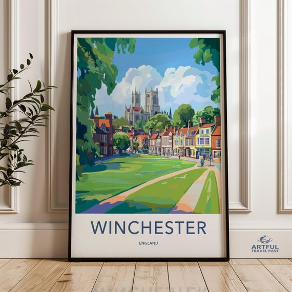 Winchester England Wall Art Cityscape Poster Print Cathedral Artwork Uk Travel Decor Vintage Style Home Or Office