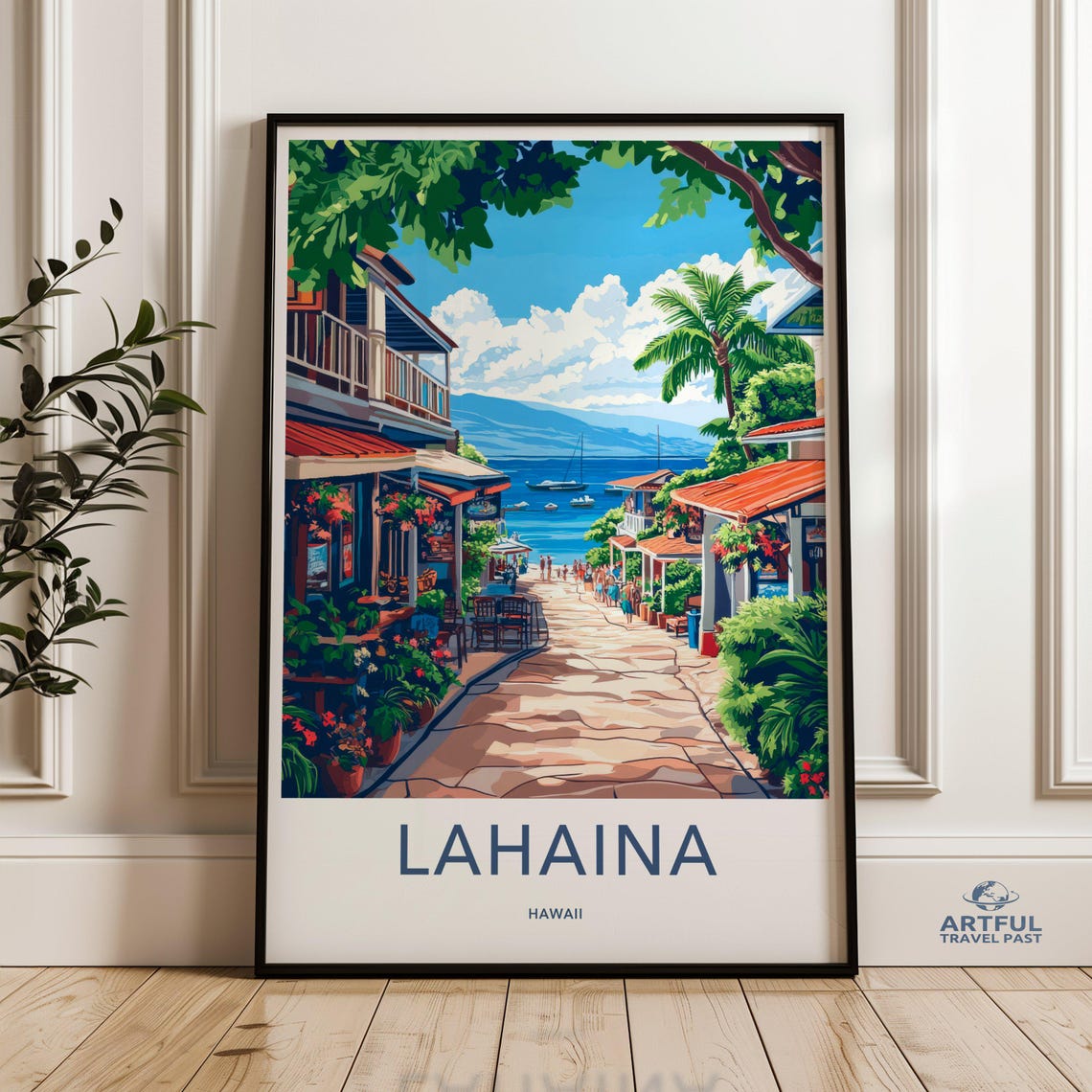 Lahaina Hawaii Waterfront Street Palm Trees Travel Art Poster