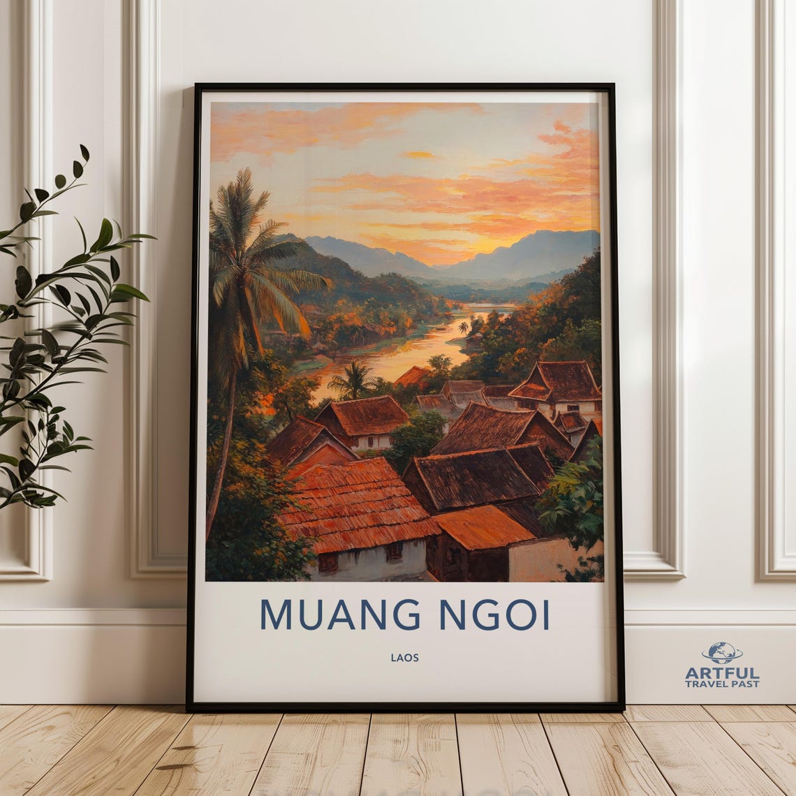 Muang Ngoi Laos River Village Sunset Riverside Travel Poster