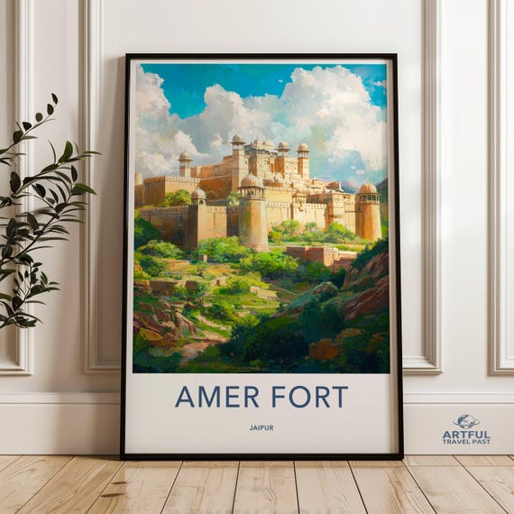 Amer Fort Jaipur Wall Art Architecture Poster Rajasthan Travel Historical Landmark Print Colorful Illustration Decor