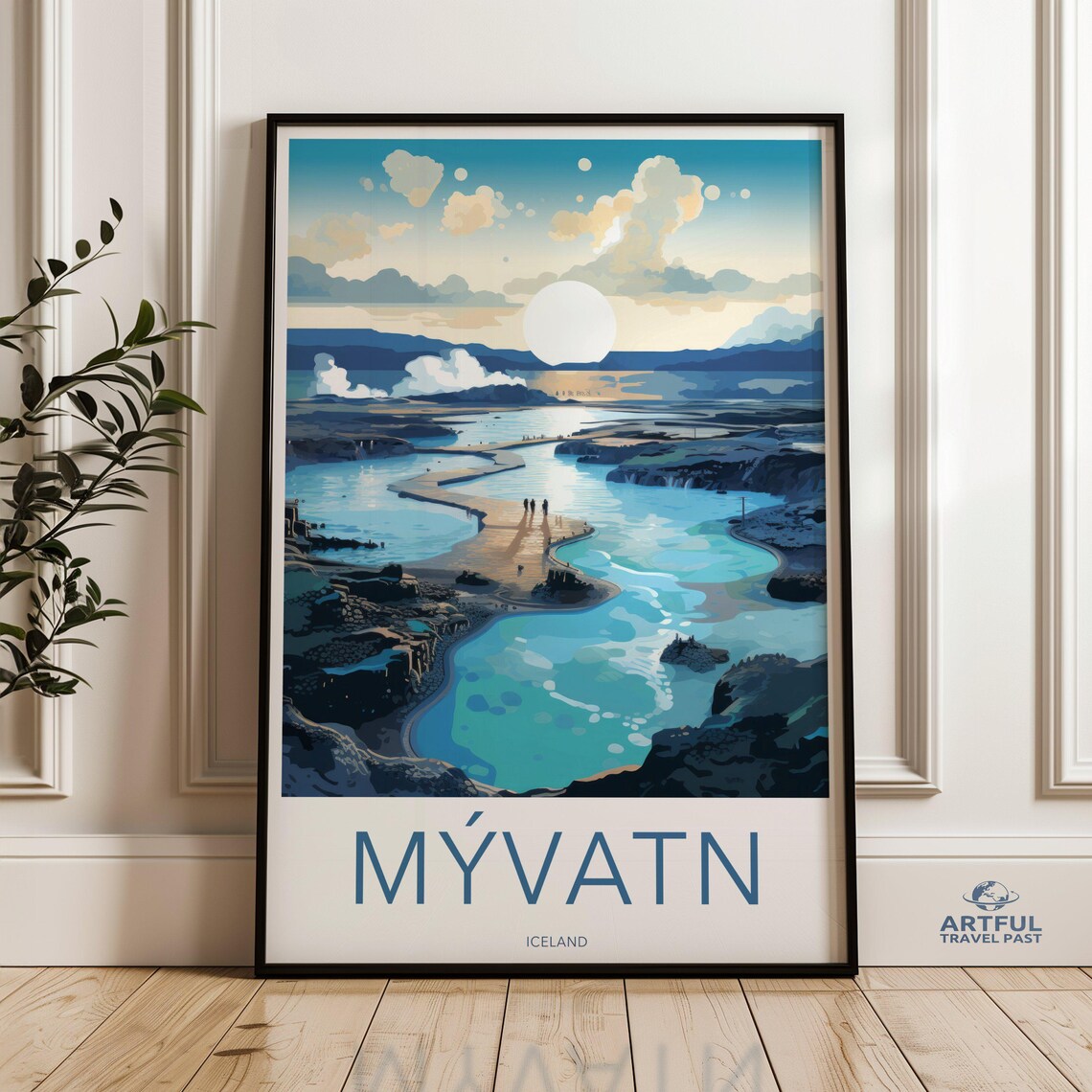 Mývatn Iceland Geothermal Lake Midnight Sun Vintage Travel Poster
