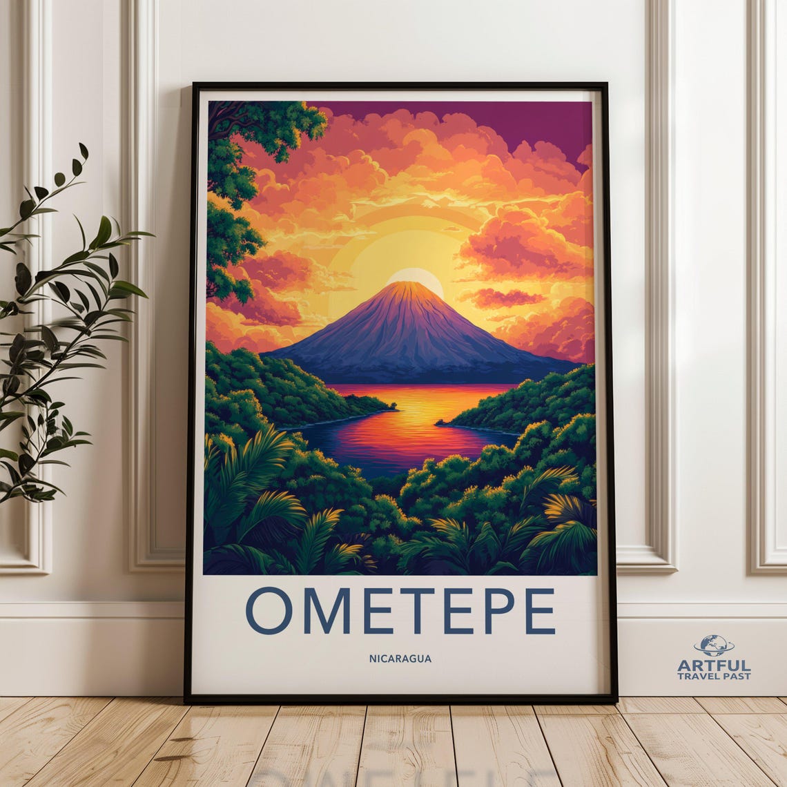 Ometepe Nicaragua Grand Volcano Sunset Lake Vintage Travel Poster