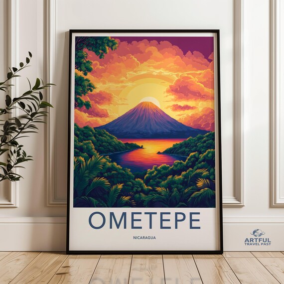 Ometepe Nicaragua Grand Volcano Sunset Lake Vintage Travel Poster