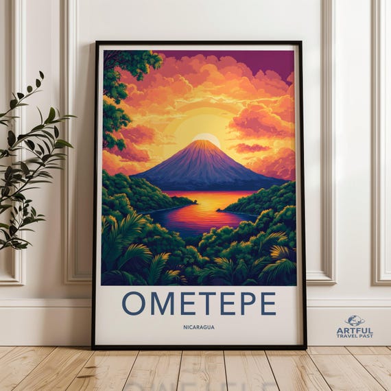 Ometepe Wall Art Nicaragua Travel Poster Sunset Landscape Print Nature Mountain Scene Vibrant Colorful Artwork Home Decor