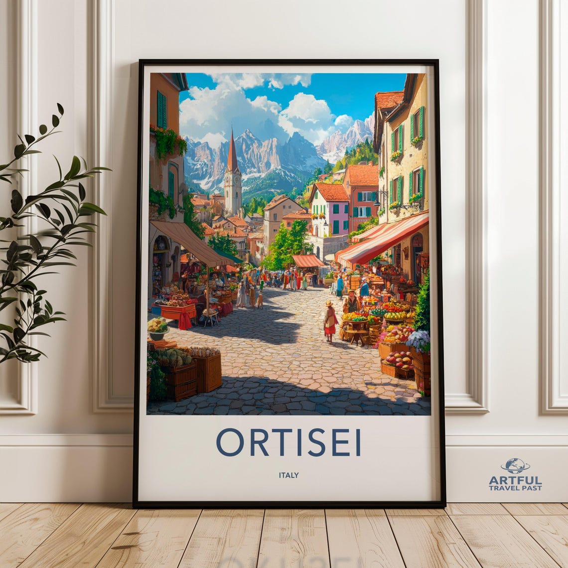 Ortisei Italy Wall Art Italian Village Print Dolomites Mountain View European Town Scene Colorful Marketplace Artwork Travel Poster