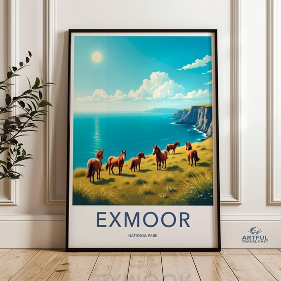 Exmoor National Park Horses Cliffs Turquoise Sea Travel Poster