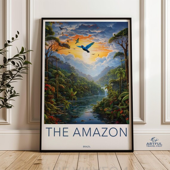 The Amazon Brazil Rainforest River Travel Poster Tropical Sunset Art
