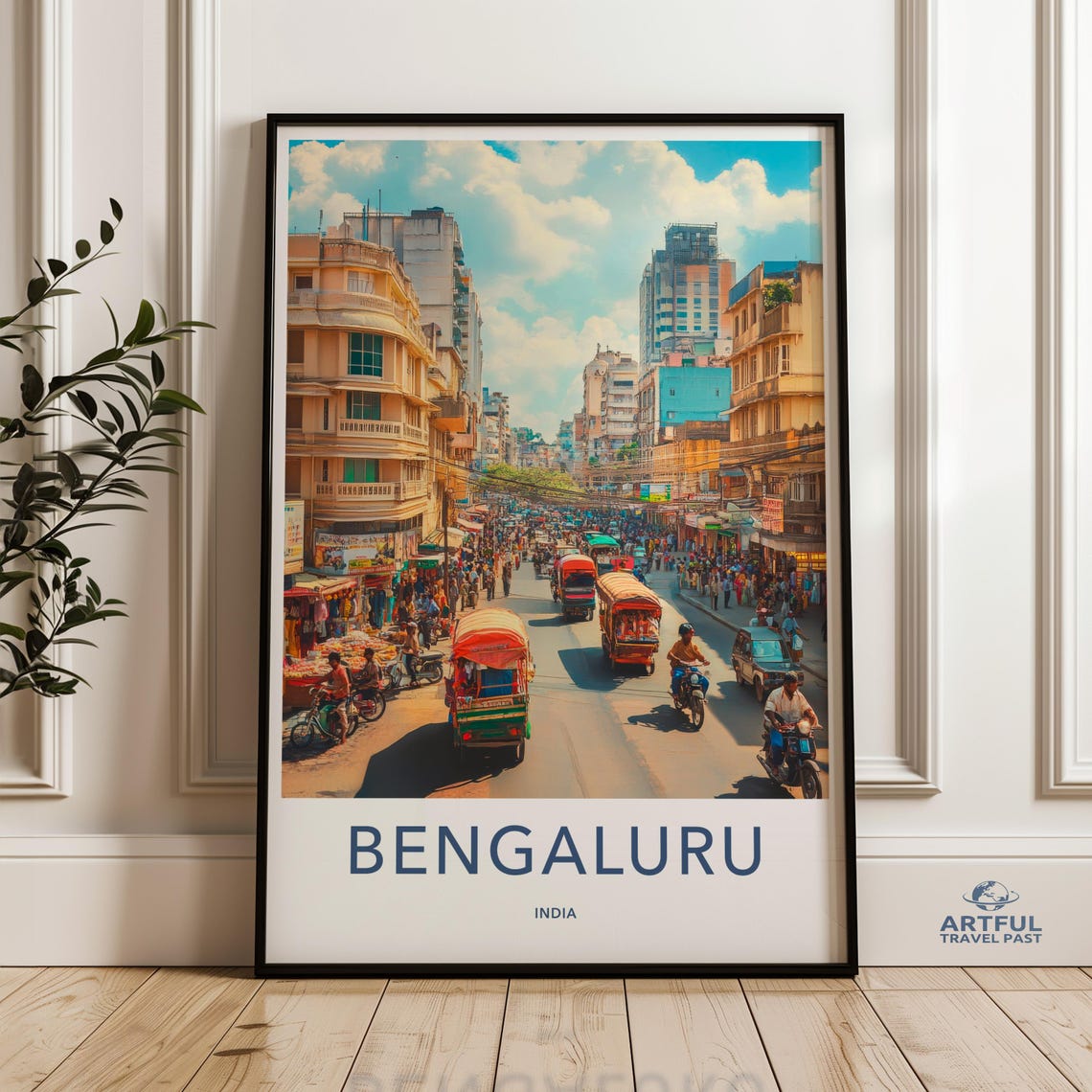 Bengaluru India Vibrant Street Scene Rickshaw Cityscape Travel Poster