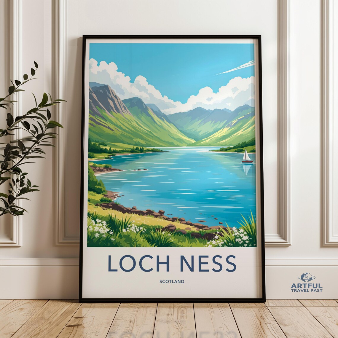 Loch Ness Scotland Travel Poster Sailboat Lake Mountain Landscape Art
