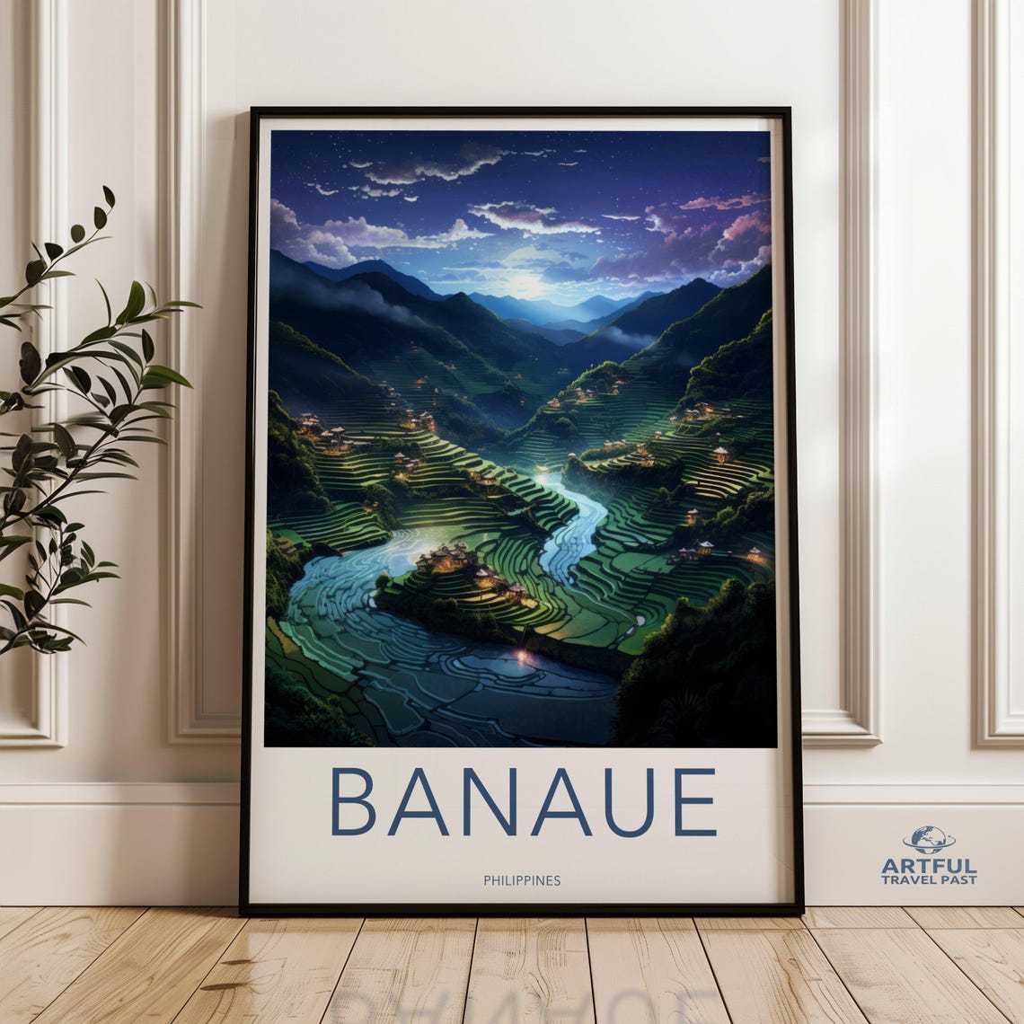 Banaue Philippines Rice Terraces Moonlit Night Vintage Travel Poster