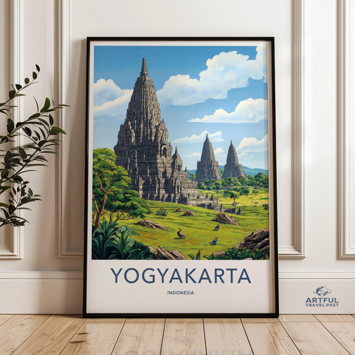 Yogyakarta Indonesia Ancient Temple Vintage Travel Style Poster