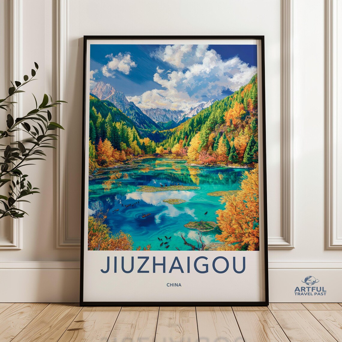 Jiuzhaigou China Turquoise Lake Autumn Forest Travel Art Poster
